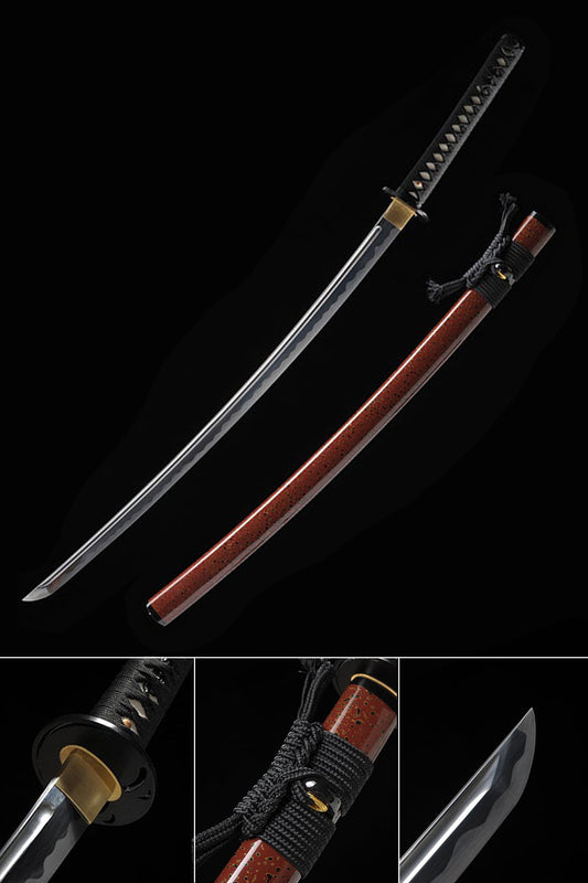 Artisan-Crafted Folded Steel Katana with Dark Red Scabbard