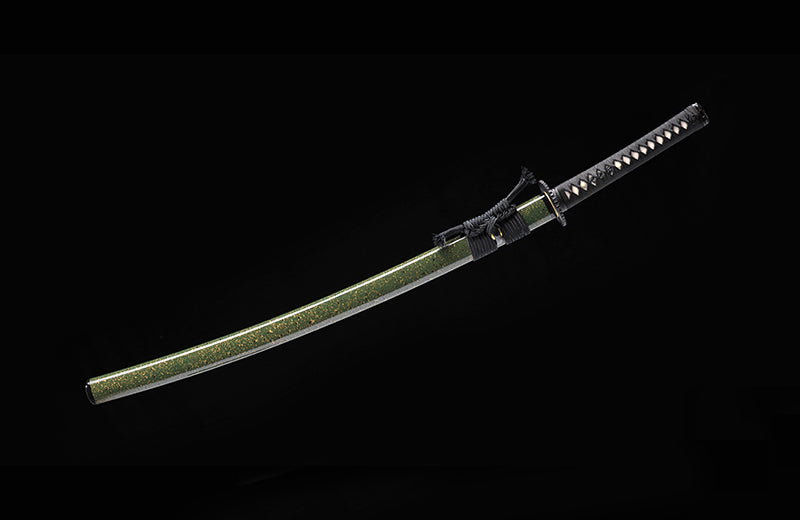 High-Carbon Steel Katana with Clay-Tempering & Green Scabbard
