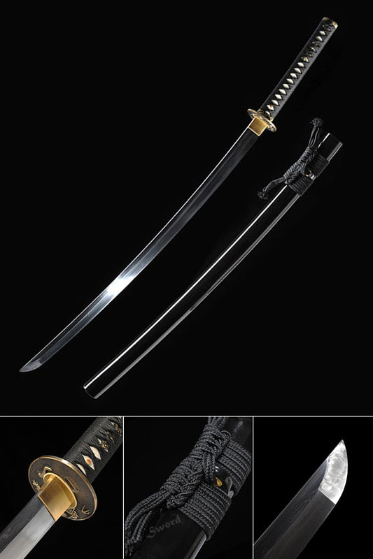 Fully Hand Forged Real Katana,Folded Steel Katana Brass Tsuba Black